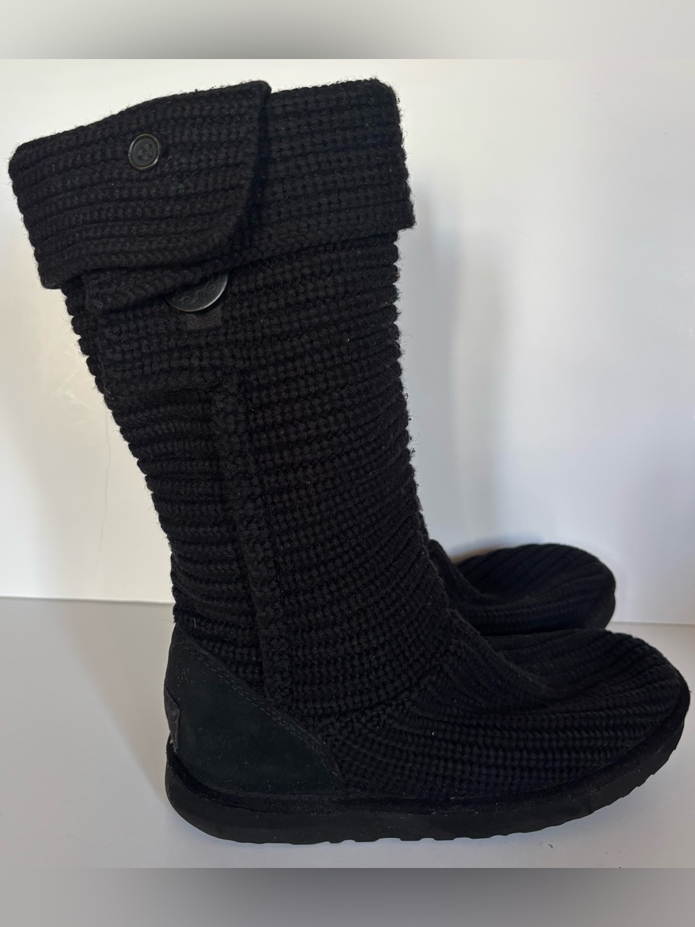 UGG Black Knit Tall Boots Women’s Size 8 Button Detail